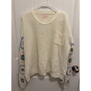 Pink Lily Women's Oversize Sweater With Colorful Crochet Sleeves‎ Size Medium